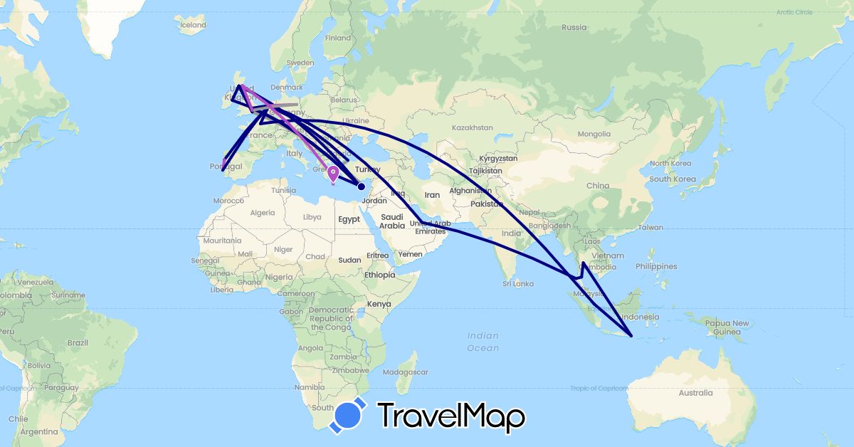 TravelMap itinerary: driving, plane, train in Cyprus, Germany, France, United Kingdom, Greece, Indonesia, Ireland, Netherlands, Portugal, Qatar, Singapore, Thailand, Turkey (Asia, Europe)